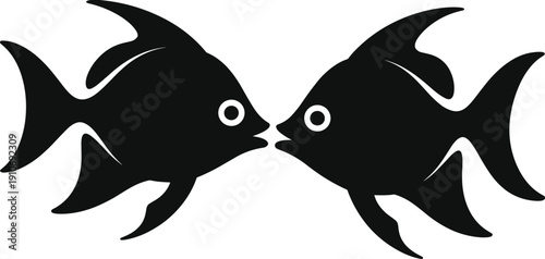 Symmetrical black fish illustration with mirrored design, stylized aquatic artwork featuring two identical fish facing each other, creative marine concept for decoration and design