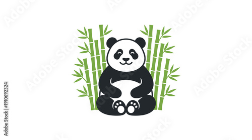 Cute cartoon panda sitting peacefully in front of green bamboo stalks on a white background, a charming illustration.