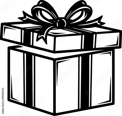 Gift box with ribbon and bow for holiday celebration and surprise birthday event occasion – Black and White Vector Illustration