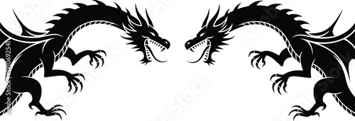 Symmetrical stylized dragon illustration with black and blue highlights, aggressive posture, open mouths, sharp teeth, claws extended, fantasy artwork perfect for logos and design projects.