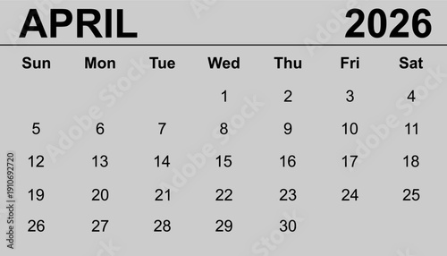 April 2026. Calendar 