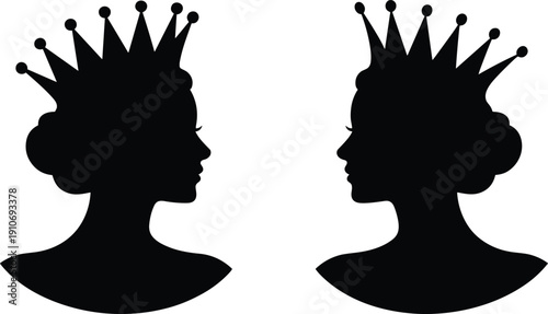 Queen Crown Silhouette Profile Set, Royal Woman Head Side View Black Vector Illustration Isolated on White Background for Heraldry and Monarchy Concept