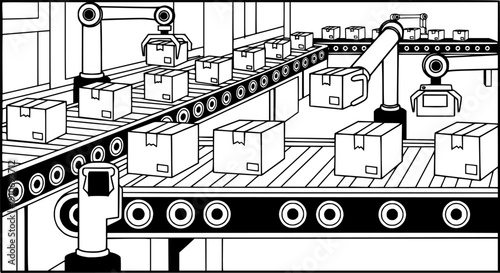 Industrial warehouse conveyor system featuring package movement for shipping distribution and manufacturing efficiency – Black Vector Illustration