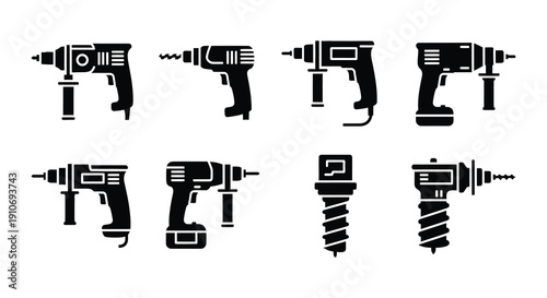 Black silhouettes of various power drills and driver tools displayed