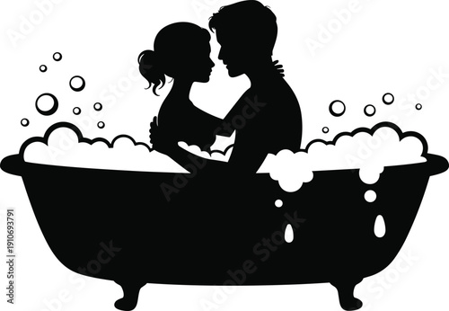 Romantic Couple Bathing Together in Bathtub Silhouette, Loving Man and Woman Embracing in Bubble Bath, Intimate Relationship Concept Isolated on White Background