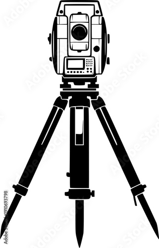 Professional survey equipment featuring geodetic tool for construction site and industrial land exploration – Black Vector Illustration