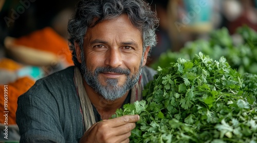 A man is smiling and holding a bunch of green herbs. The herbs are fresh and vibrant, and the man seems to be proud of them. Concept of joy and satisfaction