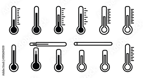 A collection of black and white thermometer and temperature gauge icons