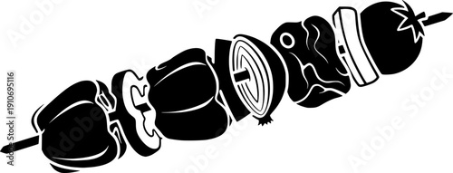 Food skewer with meat and vegetable pieces for grill cooking and BBQ snack concept – Black and White Vector Illustration
