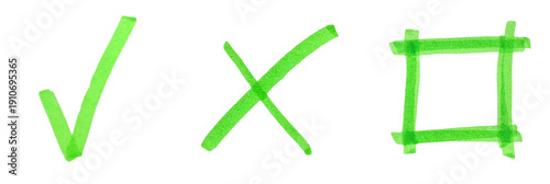 Set of green marker check mark cross and frame on transparent background PNG
