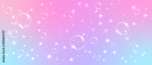 Soft pink and lavender gradient background with floating bubbles, glowing stars and dreamy bokeh lights, magical cute backdrop with dream pink glitter effect.