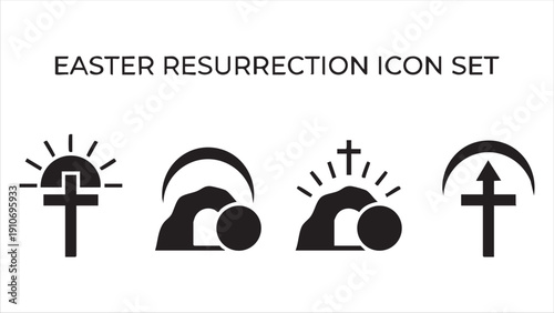Easter resurrection icon set featuring empty tomb and cross symbols signifying new life and hope
