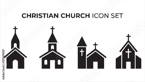 Christian church icon set featuring four distinct church building designs in black silhouette