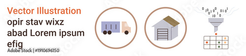 Freight management, data analysis, supply chain, logistics planning, distribution, data processing. Truck and warehouse icons beside a data funnel and grid. Logistics and data analysis concept