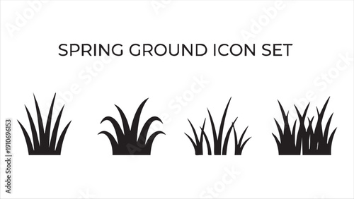 Spring ground icon set featuring four grass bundles in black silhouette, representing nature and growth
