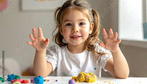 Engaged young girl playing with colorful modeling clay at home.