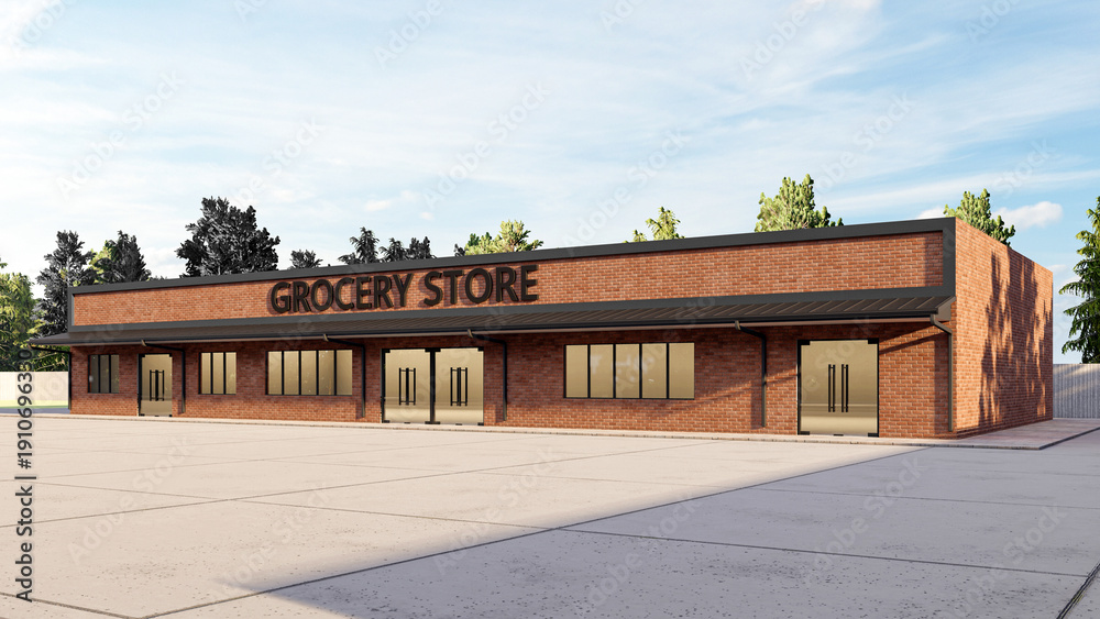 Fototapeta premium Modern Red Brick Grocery Store Building Exterior 3D Render with Empty Parking Lot