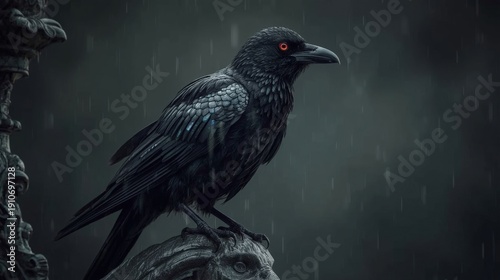 Close-up of a futuristic raven or crow with metallic, feathered plating and a detailed red bionic eye, set against a blurred urban night skyline.