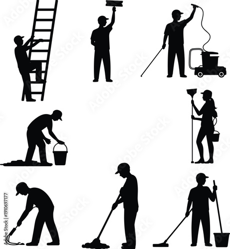 Cleaning service workers silhouettes set with ladder, mop, vacuum cleaner and bucket, professional janitorial staff icons isolated on white background for maintenance concept