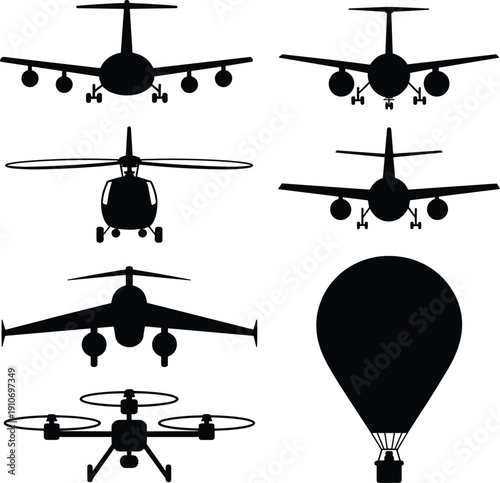 Collection of aircraft silhouettes including passenger jets, cargo plane, military airplane, drone quadcopter and hot air balloon isolated on white background vector illustration set