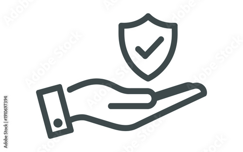 Simple line art illustration of a hand holding a shield with a checkmark.