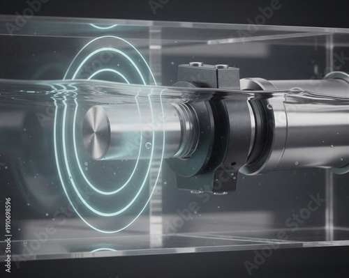 Industrial metal piston submerged in water demonstrating ultrasonic sound waves and fluid dynamics in a laboratory setting.