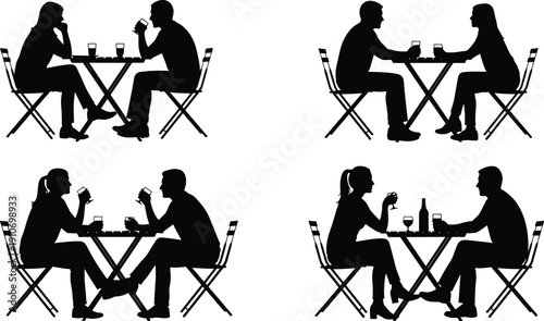 Couple silhouettes sitting at cafe table drinking coffee and wine, romantic dating conversation illustration set for restaurant lifestyle, social meeting and relationship concepts