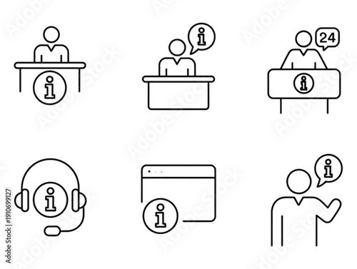Set of six minimalist line art icons, featuring customer service representatives and information desk help symbols