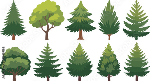 Collection of green pine and deciduous trees vector illustration set, flat forest tree icons isolated on white background for landscaping, nature design, and eco branding