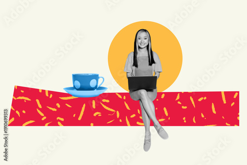 Foto 3d trendy image photo collage of happy businesswoman freelancer type laptop coff
