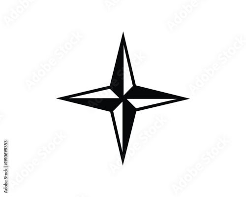 Black Four-Pointed Starburst Compass Navigation Icon with Geometric Lines and Sharp Points