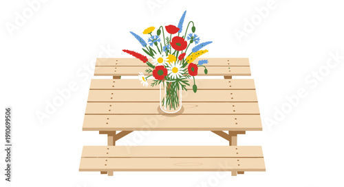 A wooden picnic table with a vase of colorful flowers on it.