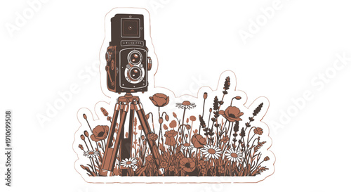 Vintage Camera on Tripod in Field of Flowers.