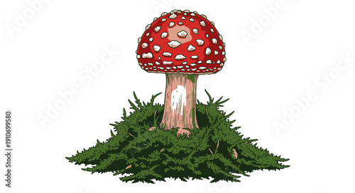 Vibrant Red Mushroom with White Spots on Lush Green Grass.