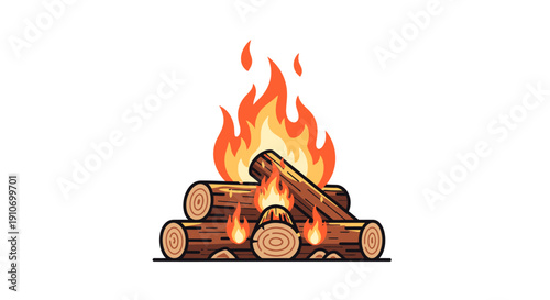 Illustration of a campfire with burning logs and flames.