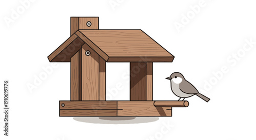 A cartoon illustration of a bird perched on a wooden bird feeder.