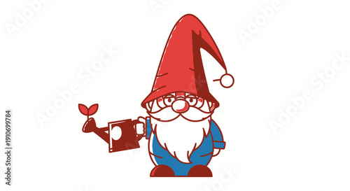 Cheerful cartoon gnome watering plants with a red watering can.