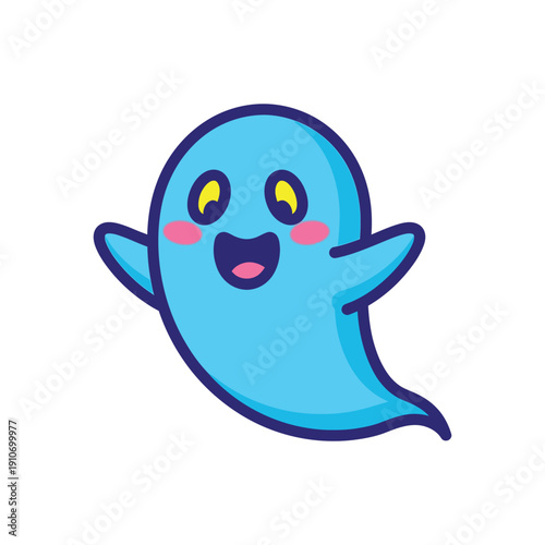 Cute ghost character in kawaii style with pastel blue color and simple flat design for social media emoji