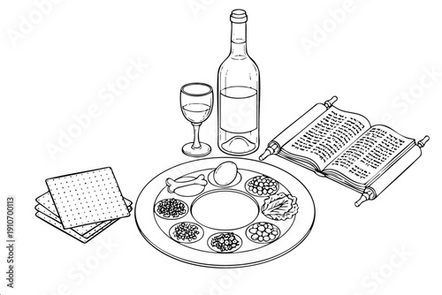 A detailed vector illustration of a Passover Seder plate with traditional foods, matzah, a wine bottle with a glass, and an open Torah scroll. Minimalist black and white design for Pesach.