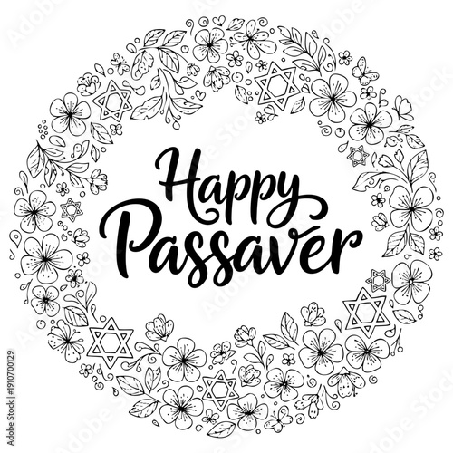 A beautiful circular floral wreath with Stars of David and "Happy Passover" calligraphy. Black and white vector illustration for Jewish holiday celebration, spring decor, and coloring.