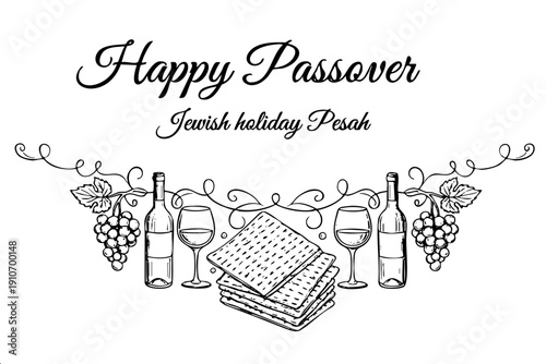 A festive Passover greeting banner featuring matzah, wine bottles with glasses, and grape clusters on a vine. Elegant black and white hand-drawn vector for Pesach celebration.