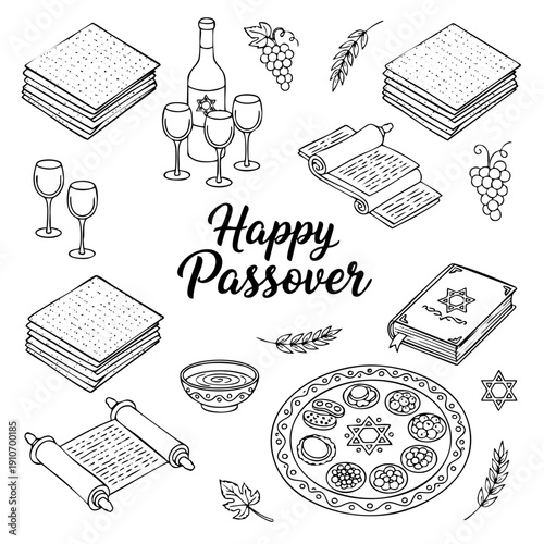A comprehensive isometric collection of Passover symbols: Seder plate, stacks of matzah, wine bottle, glasses, and Torah scrolls. Minimalist black and white vector doodle set for Pesach.