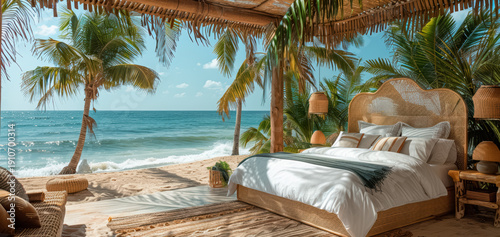 Wallpaper Mural Beautiful bedroom. beachy decor set up on a sandy beach with palm trees Torontodigital.ca