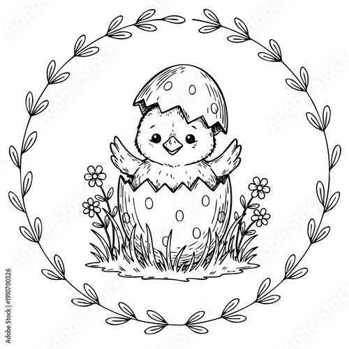 A cute fluffy chick hatching from a polka dot egg shell, surrounded by spring flowers and a circular leaf wreath. Simple black and white vector doodle illustration for children.