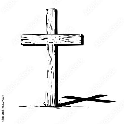 A simple wooden Christian cross standing on the ground with a long shadow. Minimalist black and white hand-drawn vector sketch representing faith and resurrection.