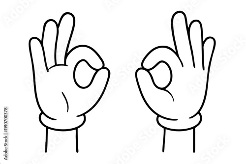 Two hands in white cartoon gloves showing the OK gesture. Minimalist black and white line art representing success, approval, and positivity. Simple vector doodle.