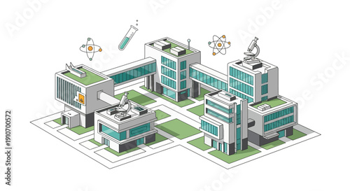 Isometric illustration of a modern science research campus with interconnected buildings, laboratories, and scientific symbols.