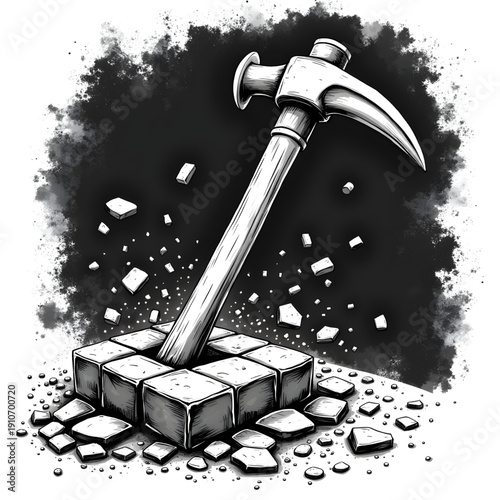 Hammer Breaking the Block: A powerful illustration depicts a hammer shattering a structured block, symbolizing change and breaking down barriers.