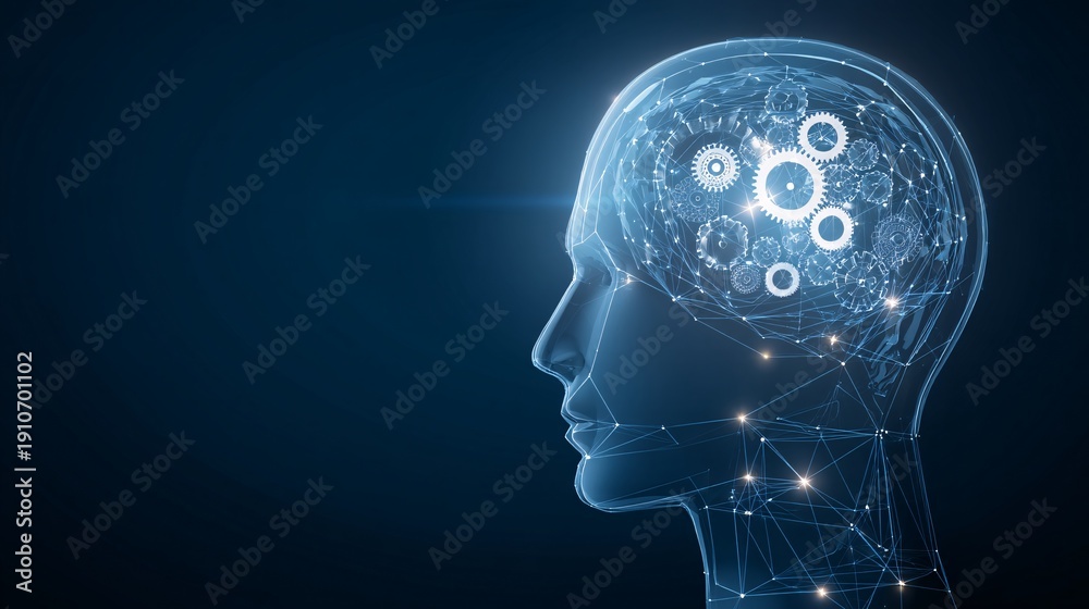 Obraz premium digital interface featuring a translucent humanoid head silhouette. Inside the head are rotating gears and glowing nodes connected by lines of code. Represents machine learning and cognitive 