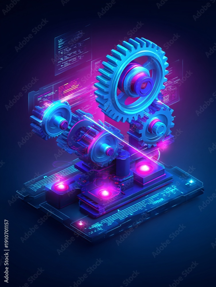 Fototapeta premium 3D illustration of a business dashboard being optimized by digital gears. Small glowing AI agents move between gears and blocks of code representing efficient workflow automation. Vibrant violet 